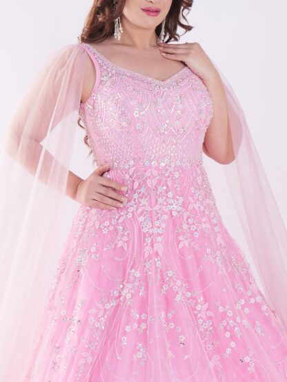 Delicate Floral Pattern And Shimmering Embellishments Pink Color Party Wear Gown