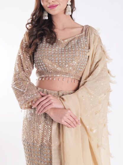 Sparkling Gold And Silver Outfit Covered In Sequins And Beads Cocktail Fish Cut Lehenga Set