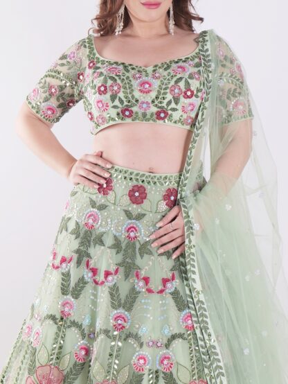 Stunning Green Traditional South Asian Outfit Intricate Floral Embroidery In Shades Of Pink Party Wear Lehenga Choli