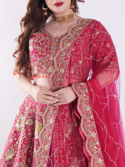 Delicate Floral Patterns And Shimmering Sequins With Hand Embroidery Red Bridal Lehenga Set