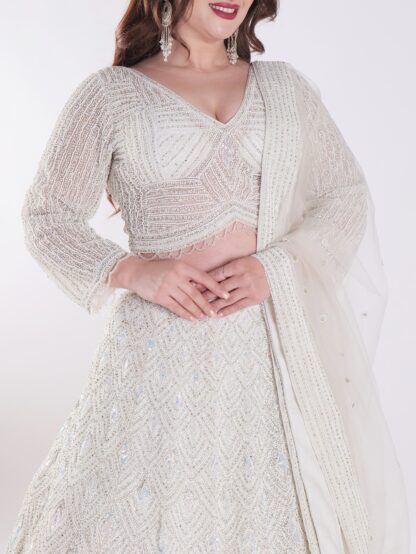 Net Embordered White Intricately Beaded Party Wear Luxury Lehenga Set