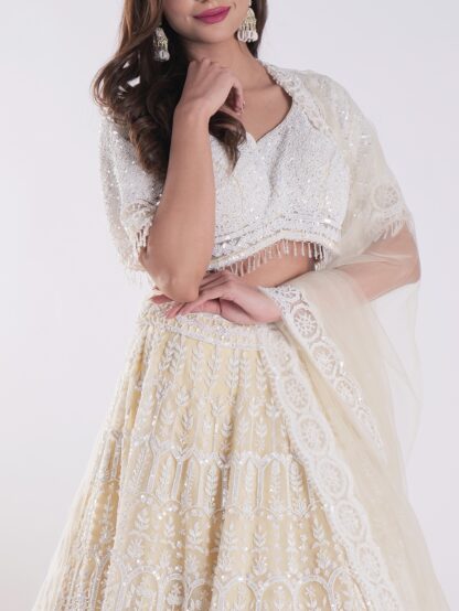 Net Embordered White and Cream Intricately Beaded Party Wear Luxury Lehenga Set