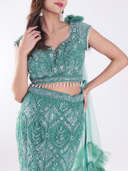 Teal Colored Cocktail Party Wear Fish Cut Style Lehenga Set