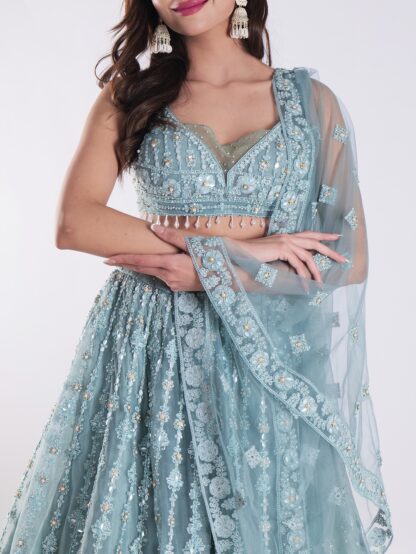 Beautiful Powder Blue Embroidered Party Wear Lehenga Set