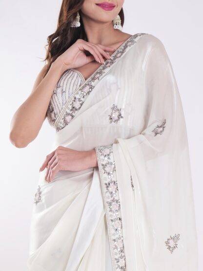 White Party Wear Saree With Silver Embroidery