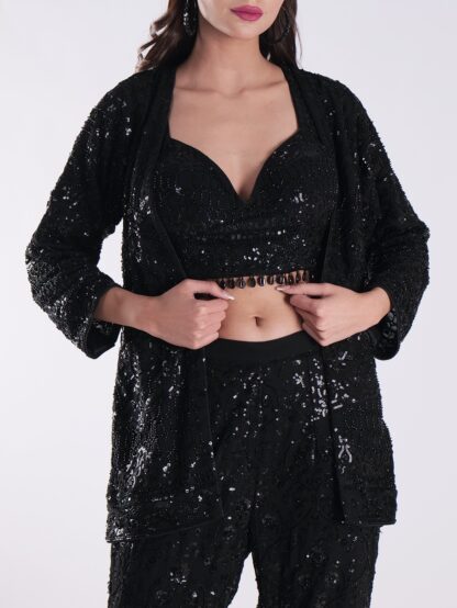 Sequined Crop Top With A Plunging Neckline Shrug Top Bell Bottom Suits