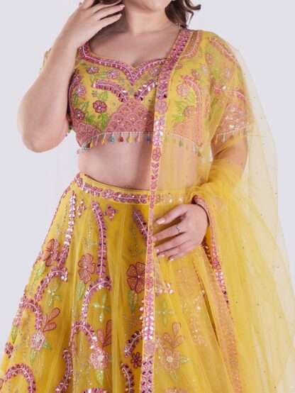 Radiate Sunshine In Style Yellow Floral Embroidered Mirror Work Lehenga Choli Set