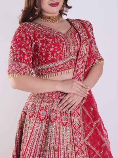 Heavily Embellished With Sequins And Pearls Crimson Red Embroidered Silk Exclusive Bridal Lehenga Set