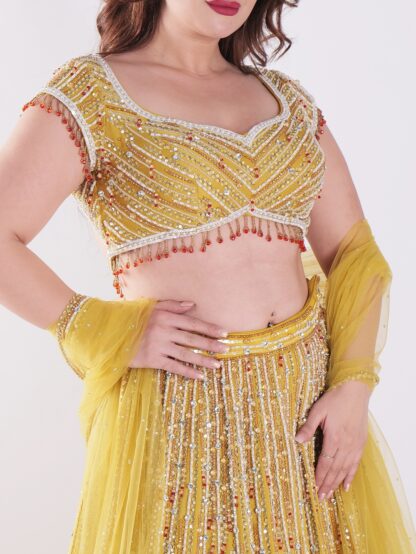 Stunning Mustard Yellow Backless Party Wear Lehenga Choli Set