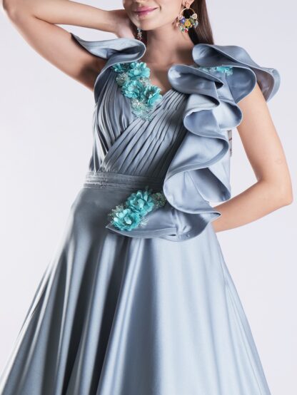 Elegant Sky Blue Designer Gown with Ruffle Detailing and Floral Embellishments
