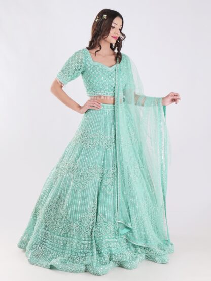 Stunning Mint Green Intricate Embroidery With Silver Sequins And Beads Shimmering Effect Bridal Lehenga Set