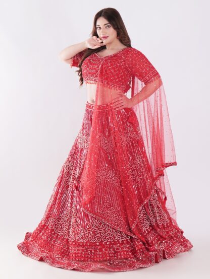 Stunning Red and Silver Intricate Embroidery With Silver Sequins And Beads Shimmering Effect Bridal Lehenga Set