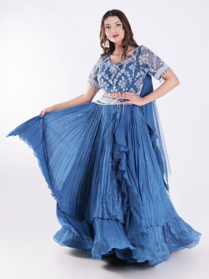 Short Sleeved Crop Top Adorned With Intricate Silver Embroidered Beautiful Blue Outfit Indowestern Lehenga Set