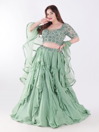 Sage Green With Intricate Silver And Emerald Green Embellishments Ruffled Lehenga Set