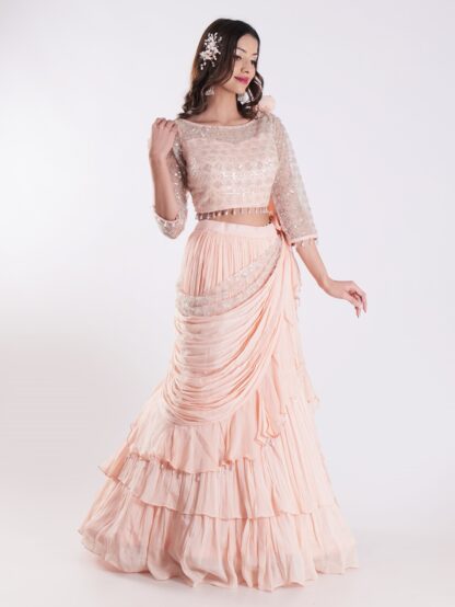 Beautiful Peach Colored Embroidered Crop Top Outfit Ruffle Drape Lehenga Set