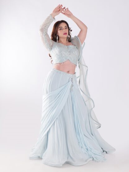 Beautiful Light Blue Flowing With A Delicate Embellished Bodice Indowestern Lehenga Choli Set