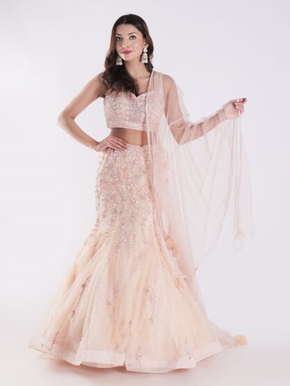 Peach Colored Cocktail Fish Cut Style Lehenga Set