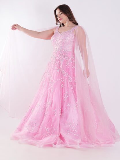 Delicate Floral Pattern And Shimmering Embellishments Pink Color Party Wear Gown