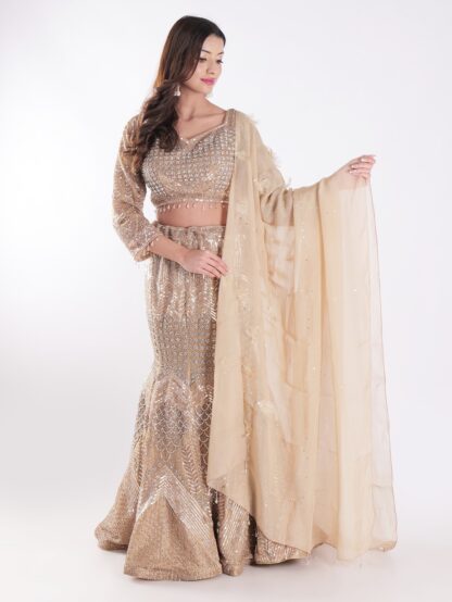 Sparkling Gold And Silver Outfit Covered In Sequins And Beads Cocktail Fish Cut Lehenga Set