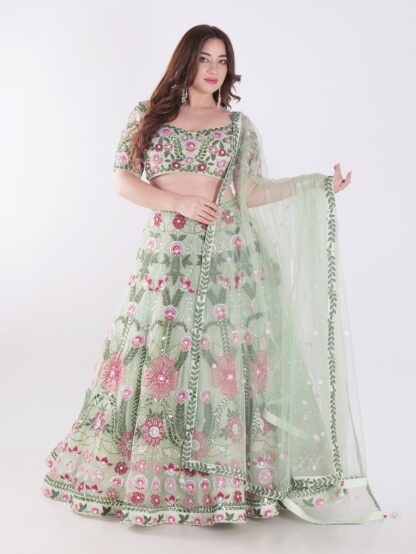 Stunning Green Traditional South Asian Outfit Intricate Floral Embroidery In Shades Of Pink Party Wear Lehenga Choli