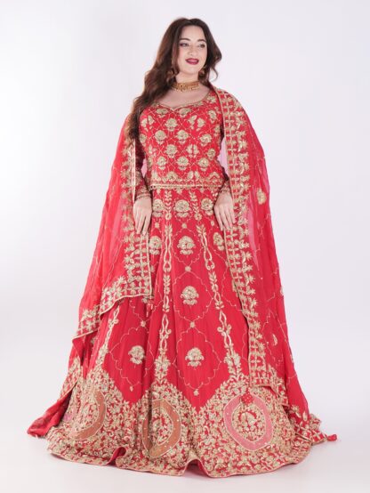 Intricate Gold Embroidery Stunning Floral Vibrant Red Bridal Lehenga Set