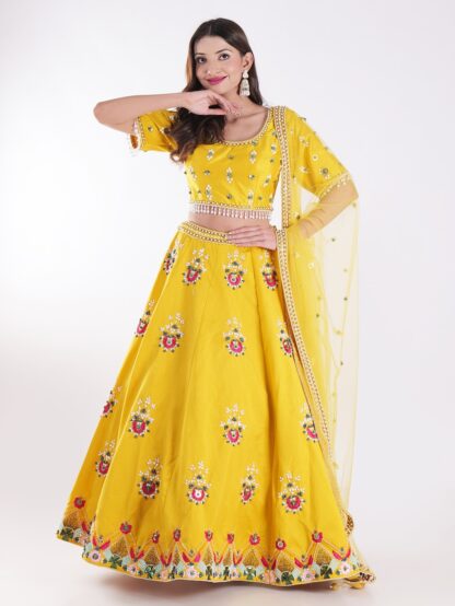 Vibrant Yellow Round Neckline And Short Sleeves Mehandi Designer Lehenga Set