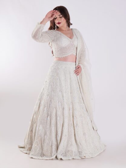 Net Embordered White Intricately Beaded Party Wear Luxury Lehenga Set