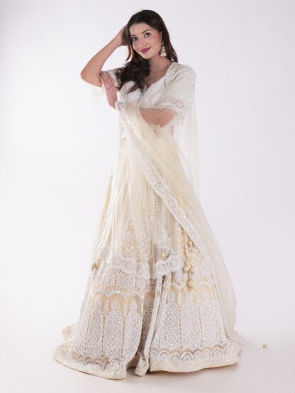 Net Embordered White and Cream Intricately Beaded Party Wear Luxury Lehenga Set