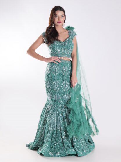 Teal Colored Cocktail Party Wear Fish Cut Style Lehenga Set