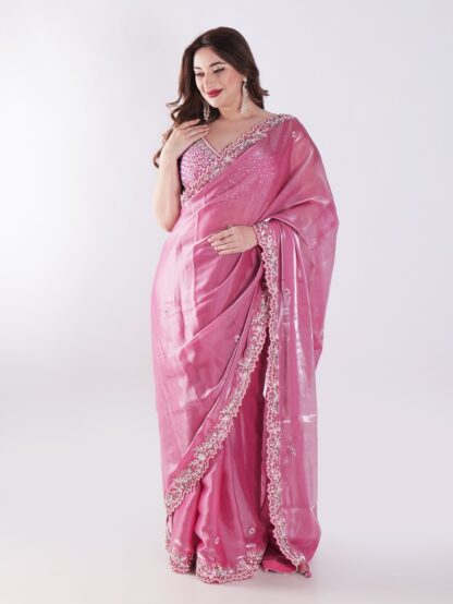 Beautiful Pink Saree With Intricate Silver Embroidery Party Wear Saree