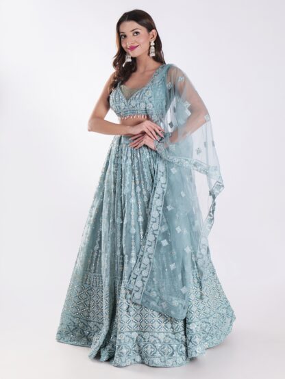 Beautiful Powder Blue Embroidered Party Wear Lehenga Set