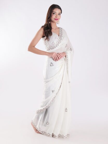 White Party Wear Saree With Silver Embroidery