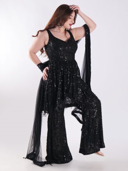 Black Sequined Outfit Peplum Top With Bell Bottom Sharara Suit