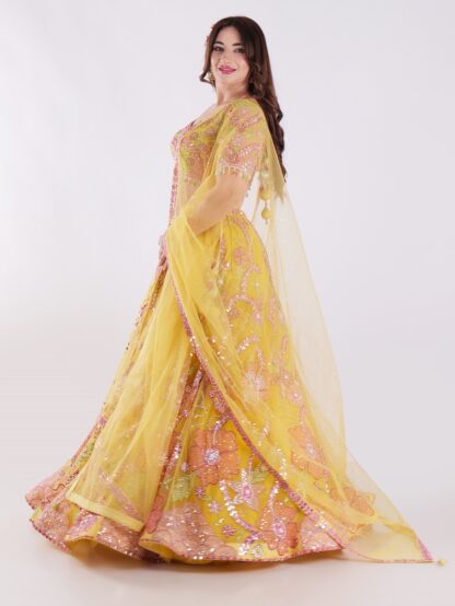 Radiate Sunshine In Style Yellow Floral Embroidered Mirror Work Lehenga Choli Set