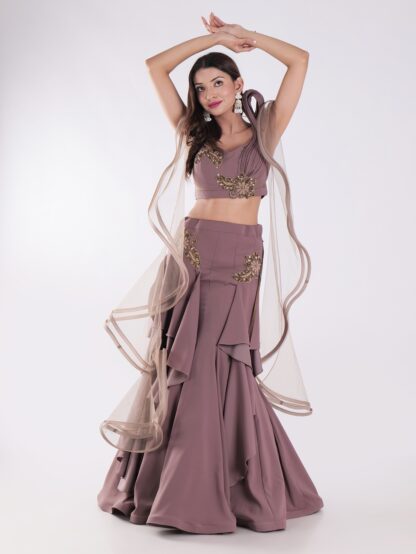 Sleeveless Crop Top With Intricate Gold Embroidery Skirt Cocktail Indowestern Lehenga Set