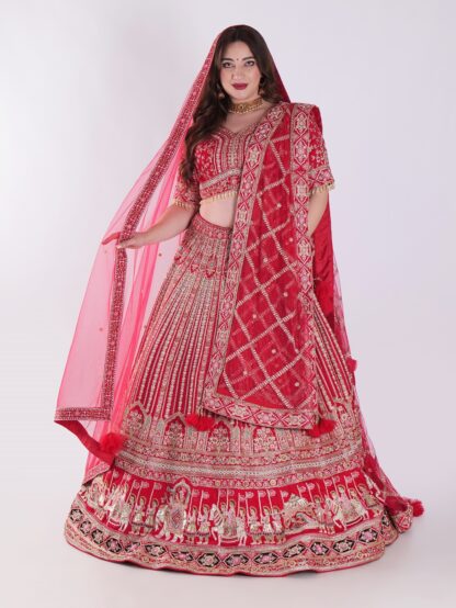 Heavily Embellished With Sequins And Pearls Crimson Red Embroidered Silk Exclusive Bridal Lehenga Set