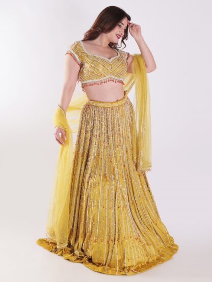 Stunning Mustard Yellow Backless Party Wear Lehenga Choli Set