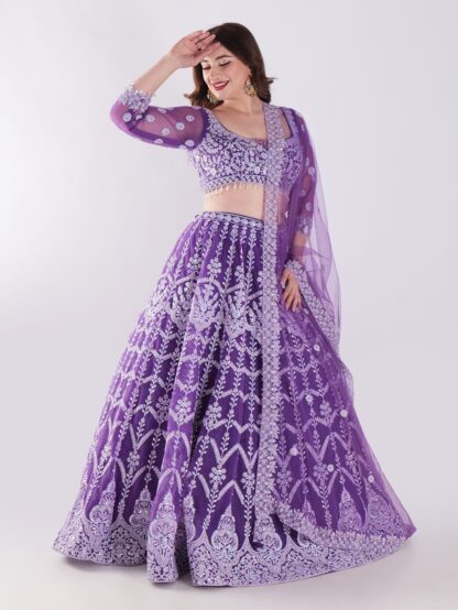 Stunning Lavender Purple Embroidered Net Lehenga Choli Set