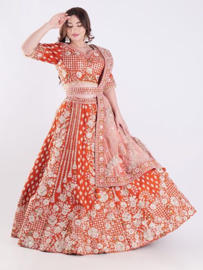 Vibrant Orange Adorned In A Stunning Traditional Indian Bridal Outfit Engagement Luxury Lehenga Set